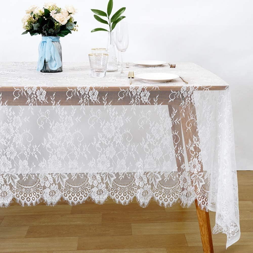LuoluoHouse 2 Pack 60 x 120 Inch White Lace Rustic Table Cloths Vintage