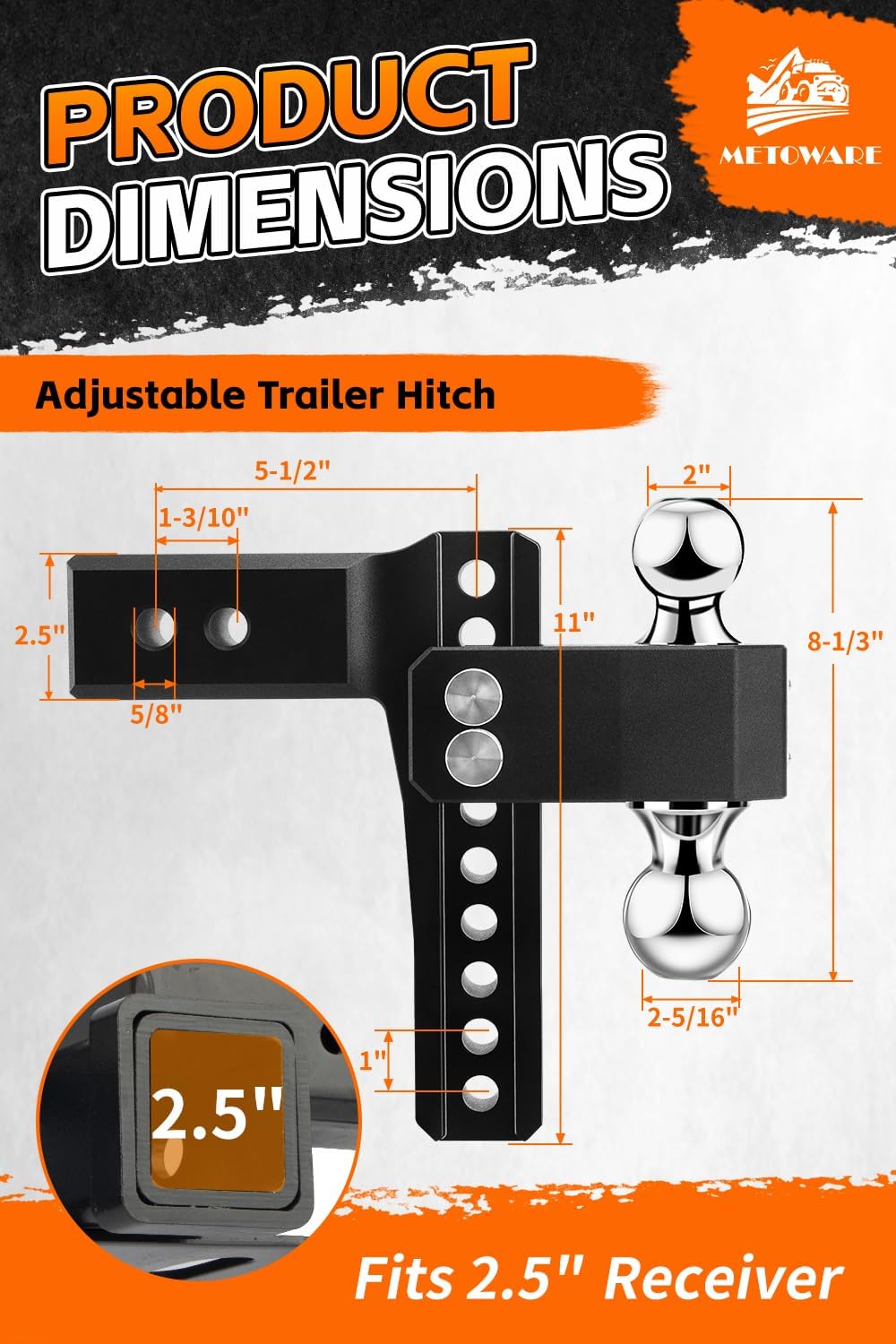 METOWARE 2.5'' Aluminum Adjustable Trailer Hitch, 8'' Drop/Ri...