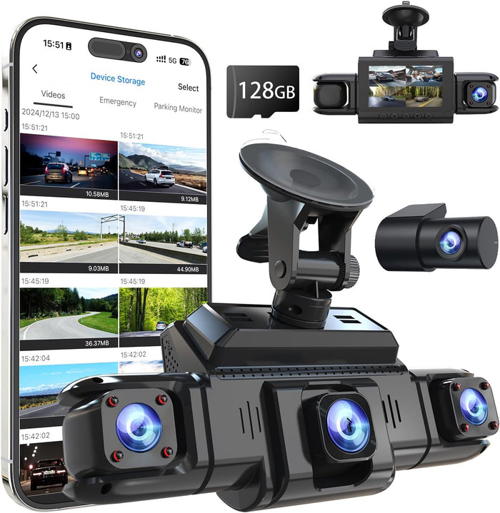 360 View 4 Channel Dash Cam Front and Rear Left Right Inside Camera for Cars, GPS and 5G Band WiFi, Night Vision, 160 Wide Angle, WDR, 24H Parking Mode, Supercapacitor, Included 128GB Card