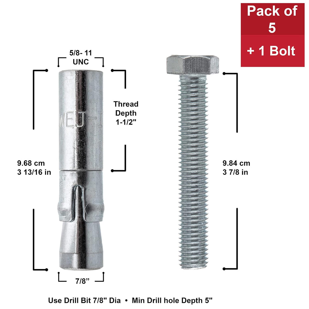 Wej-It PD58 Drop-in Anchor 5/8"-11 x 3-13/16", Pack of 5