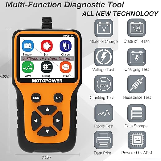 MOTOPOWER MP0515A 12V Car Battery Tester Automotive 100-2000 CCA Battery Load
