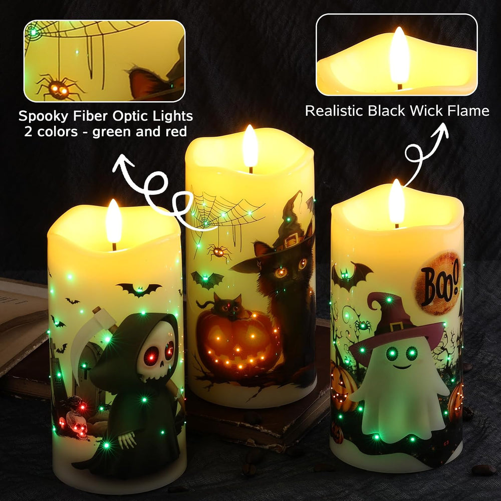Eywamage Fiber Optic Halloween Flameless Pillar Candles with Remote 3 Pack