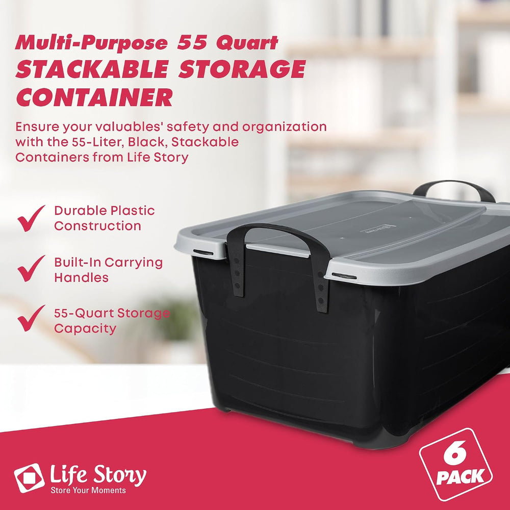 Life Story 6 Pack Stackable Storage Bin, 55 Qt Home Organizers, Black/Gray