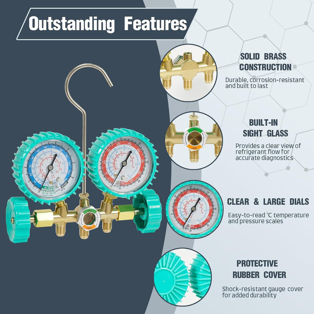 3-Way Brass Manifold Gauge Set for AC Maintenance
