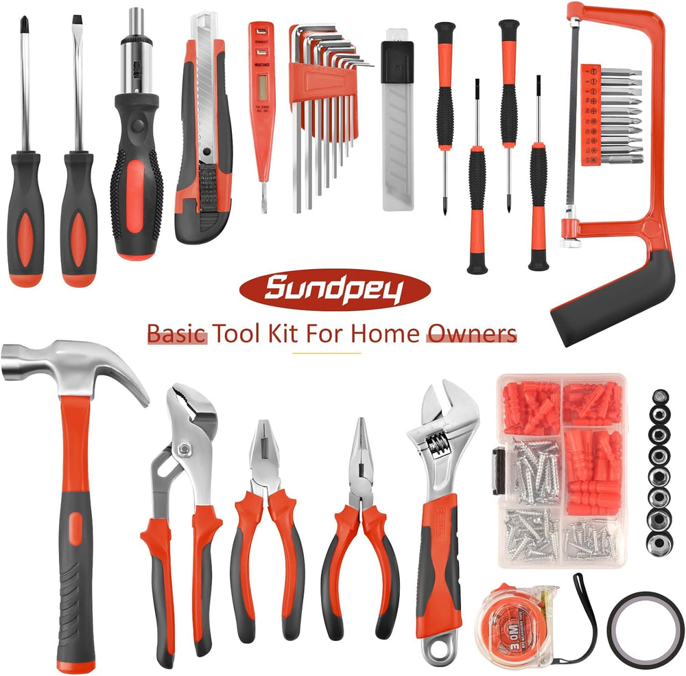 Sundpey 148 Pcs Portable Basic Hand Repair Home Tool Kit Set with Case Red
