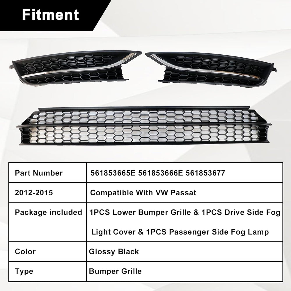 Front Bumper Lower Grille and Fog Lamp Bezel Cover, Fit for Volkswagen Passat...