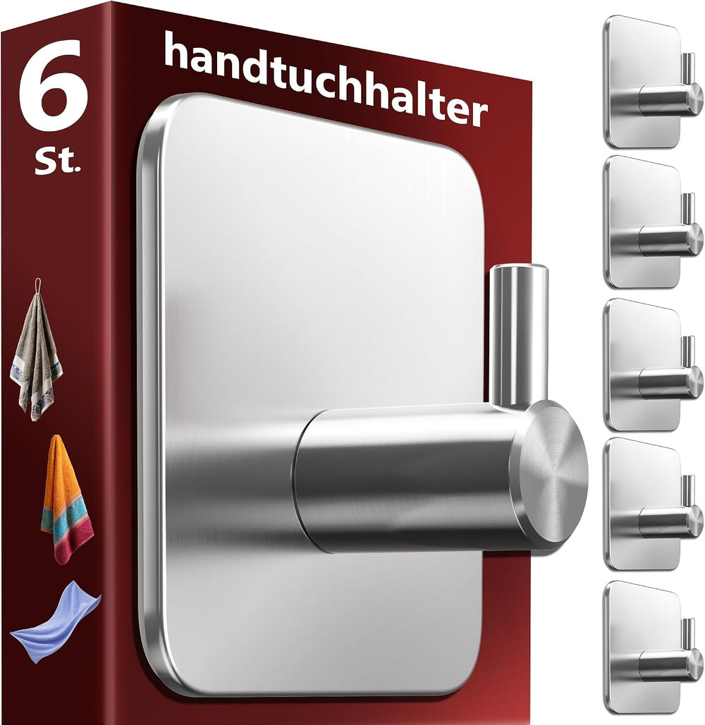 Menz Towel Rail No Drilling Classic Adhesive Hooks Set of 6 Silver