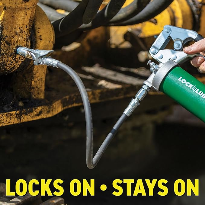 LockNLube Grease Gun Coupler locks onto Zerk fittings. Grease goes in, not on
