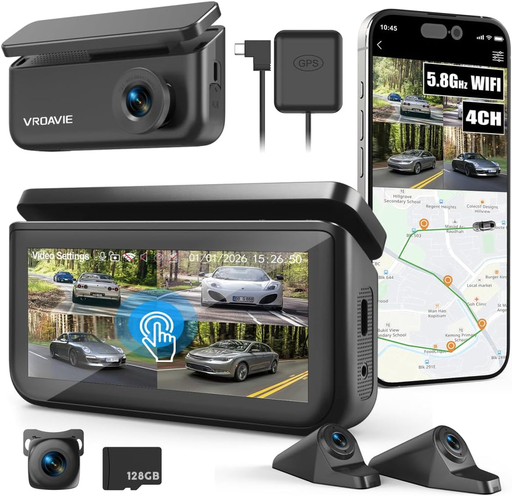 4 Channel 360° Dash Cam Detached Side Cameras, 4" Touch Screen