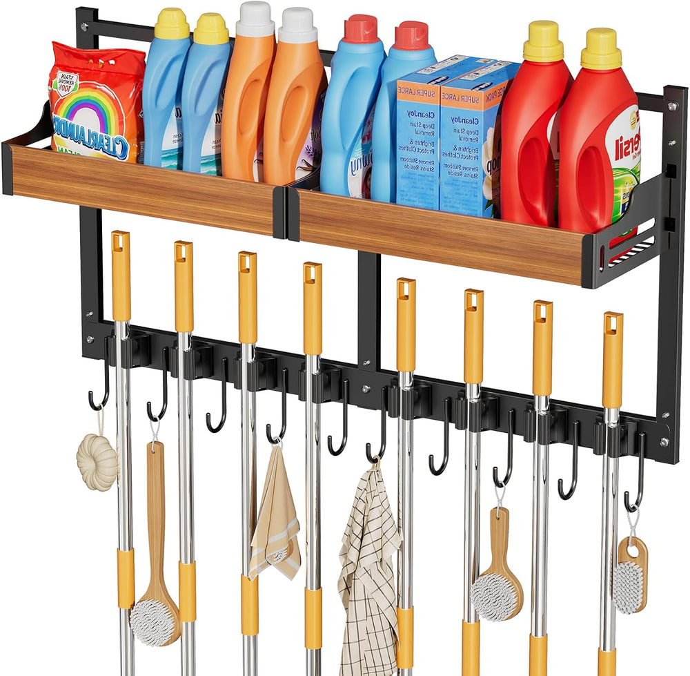 Broom Holder Wall Mount, Broom and Mop Organizer Wall Hanging with Shelf