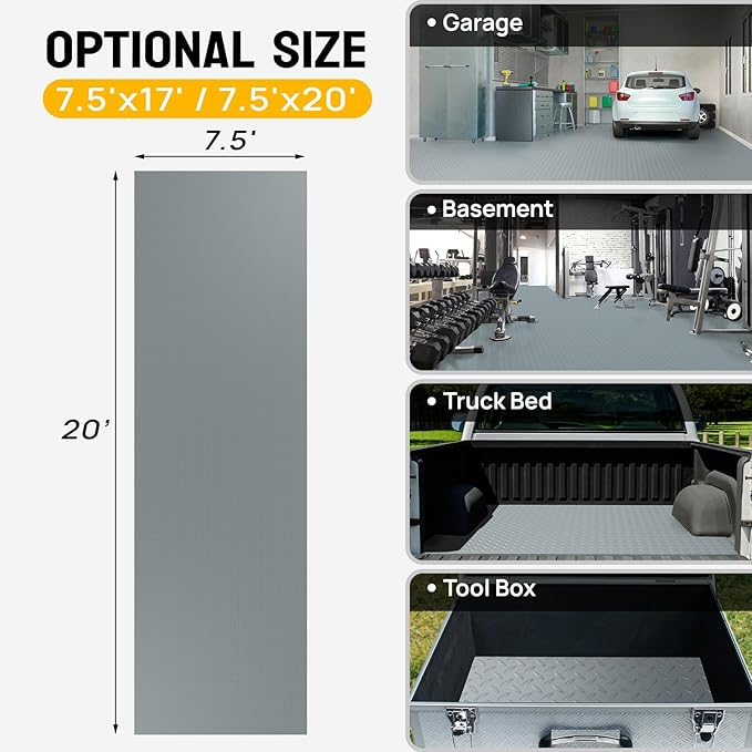 TUFFIOM 7.5 x 20 FT Garage Floor Mat, Thickened Diamond Plate PVC Garage Mats