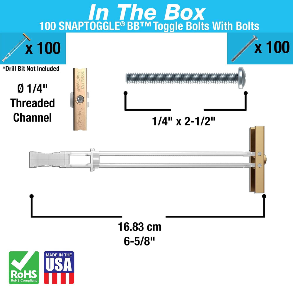 TOGGLER SNAPTOGGLE Drywall Anchors with 1/4-20 x 2.5 in Bolts, 100 Pack