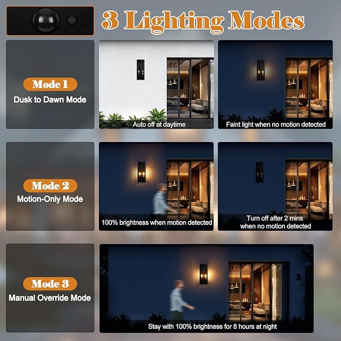Black Motion Sensor Outdoor Lights 2-Light, 16” Modern Dusk to Dawn Sensor (2...