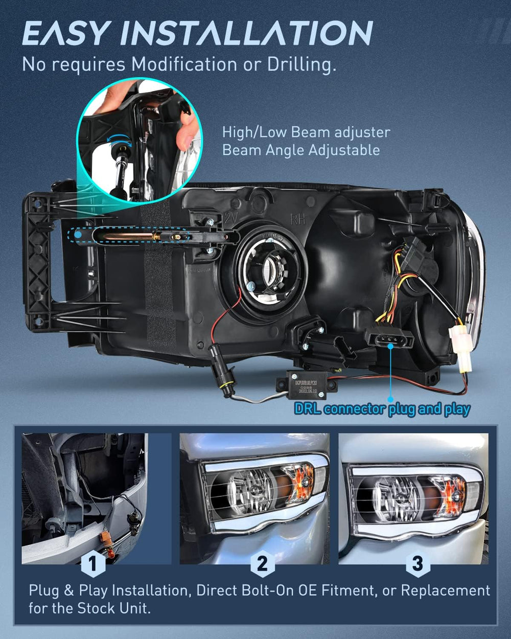 Nilight Headlights Assembly Led DRL for 2002-2005 Dodge Ram 1500/03 04 05 Dod...