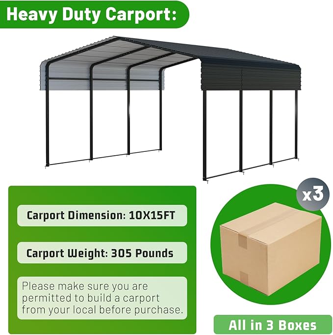 10 x 15 FT Metal Carport with Heavy Duty Galvanized Steel Roof & Durable ...