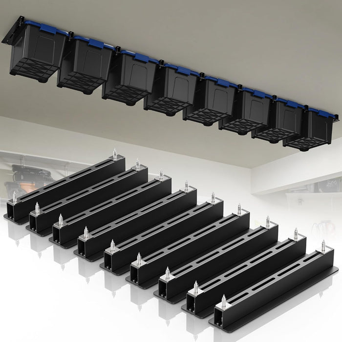 WooFog Overhead Garage Storage Rack, Garage Ceiling Storage Racks, Heavy Duty Storage Bin Ceiling Rails for 27 Gallon Totes，Tote Storage Rack System -Black (9 Sets for 8 Bins)
