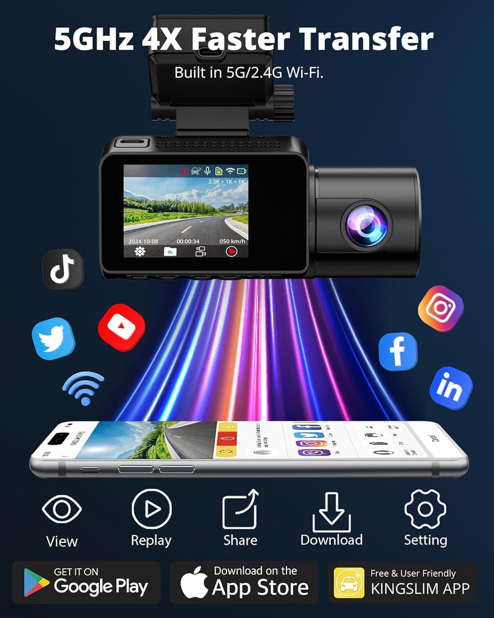 Kingslim 3 Channel 5G WiFi Dash Cam with 64GB Card, 2.5K/1080P Front and Rear...