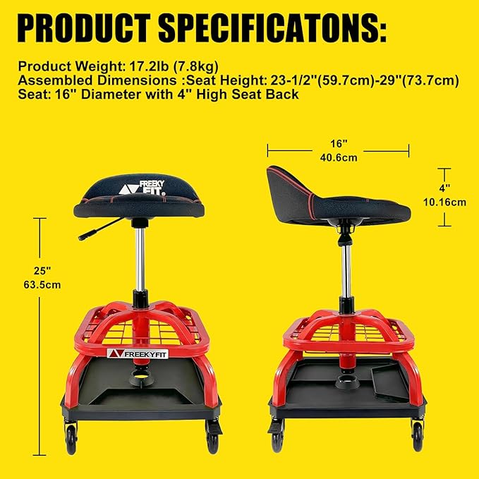 Rolling Shop Stool with Wheels, Garage Work Mechanic Stool with Backrest