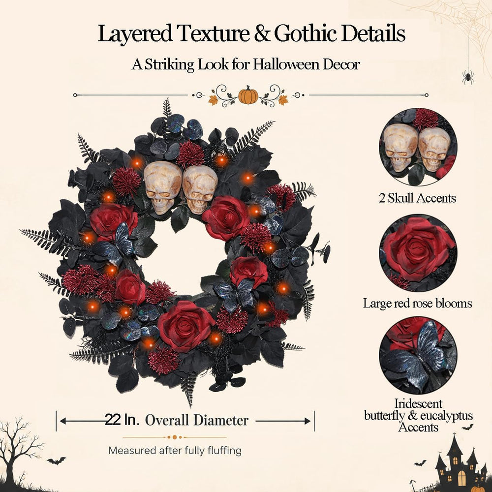 22 Inch Lighted Halloween Wreath with 40 Orange LEDs and 2 Skulls