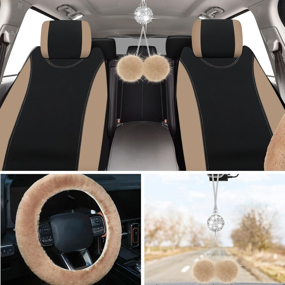 17 Pcs Car Seat Cover Full Set for Women Fluffy Fuzzy, Beige Black
