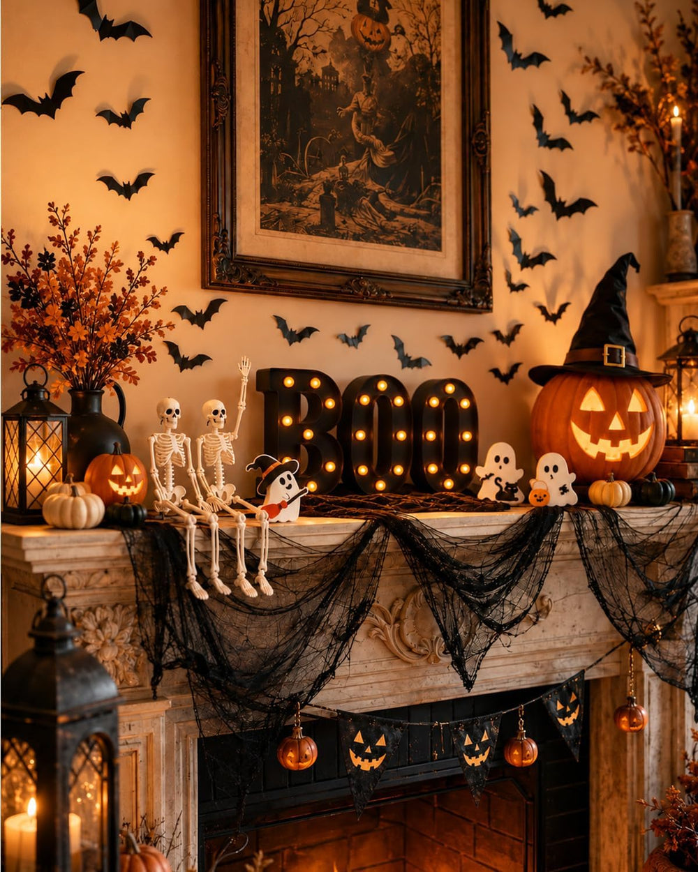 132PCS Halloween Mantel Decor Set, Boo Letters, Ghosts, Gothic Wall Decor