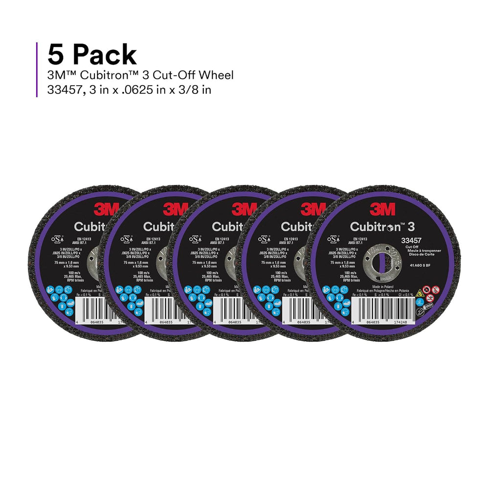 3M Cubitron 3 Cut-Off Wheel 33457, 3 in x 0.0625 in x 3/8 in, Long Lasting Pe...