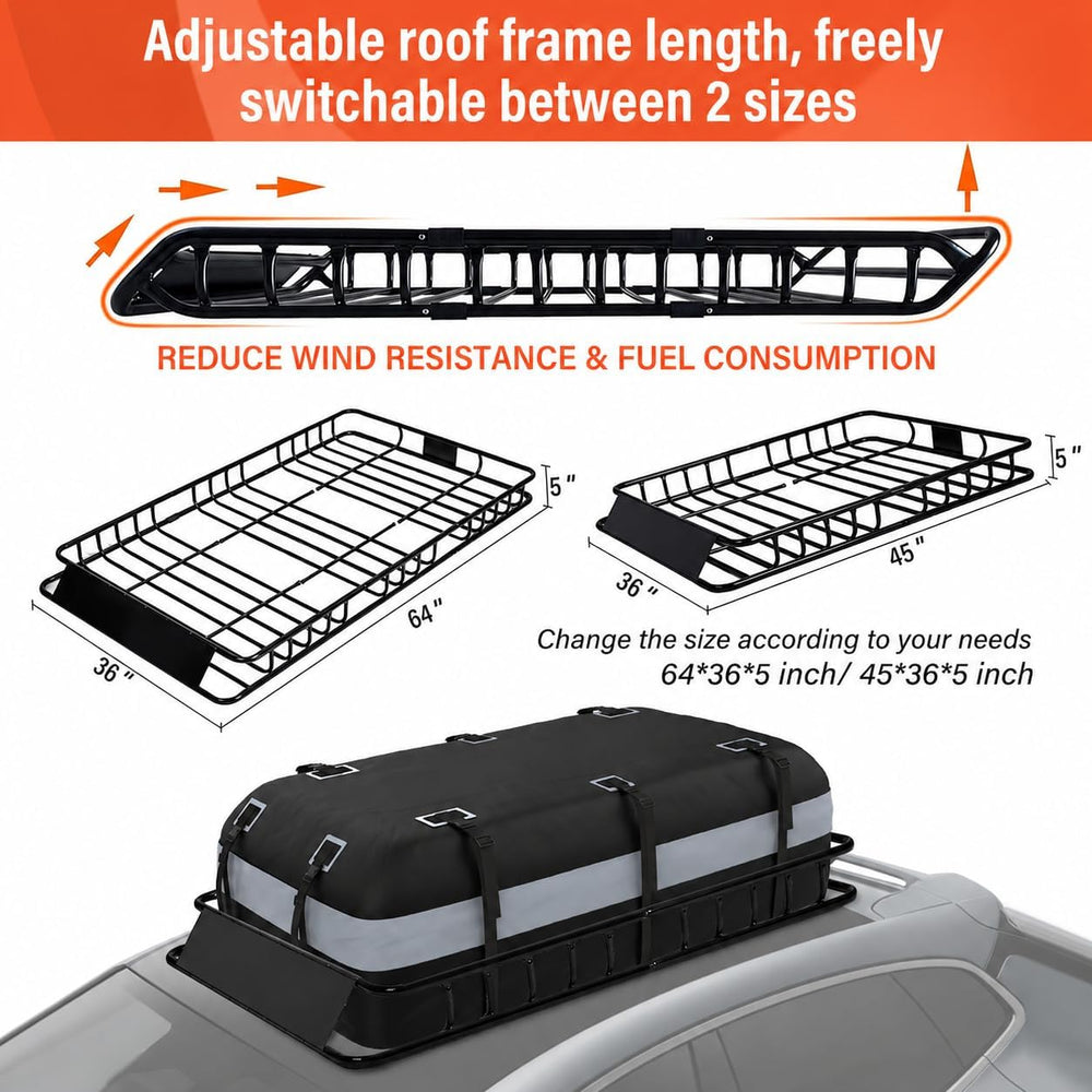 Adjustable Roof Rack Basket 45"-64" x 36" x 5" with 20 Cu...