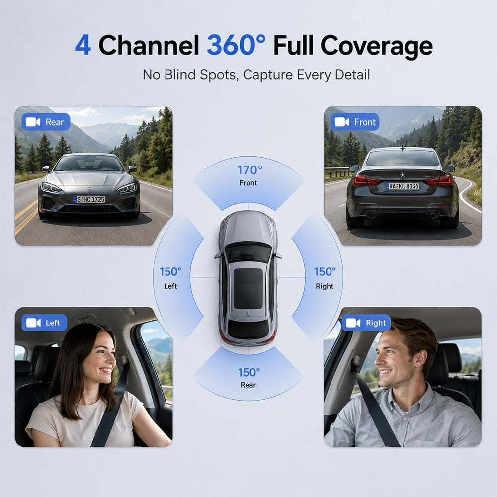 4K 4 Channel Dash Cam Front and Rear Inside Left Right, 360° View Wireless Ca...