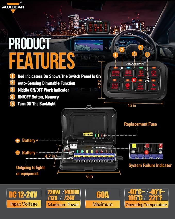 Auxbeam 8 Gang Switch Panel RA80 Toggle Momentary Pulsed RGB Dimmable