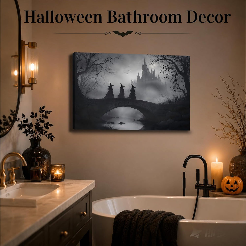 Framed Halloween Witch Canvas Wall Art, Black White Haunted Mansion Bridge Sc...