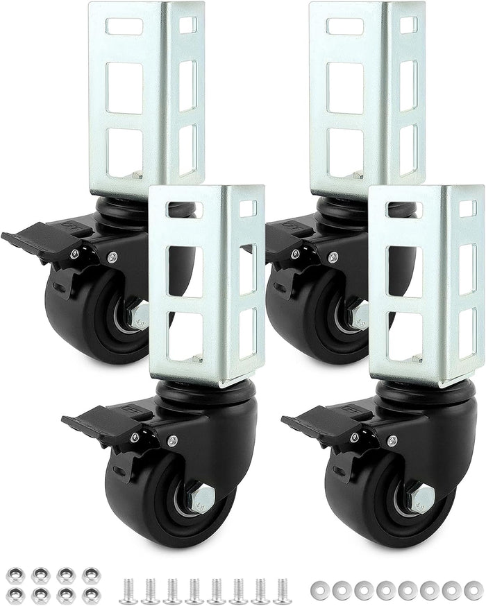 QWORK 3" PU Caster Wheels for 2"x2" Boltless Shelving Racks – 4 Pack 1500 lbs Load, Heavy Duty Mobility Set for Garage, Storage, Workshop