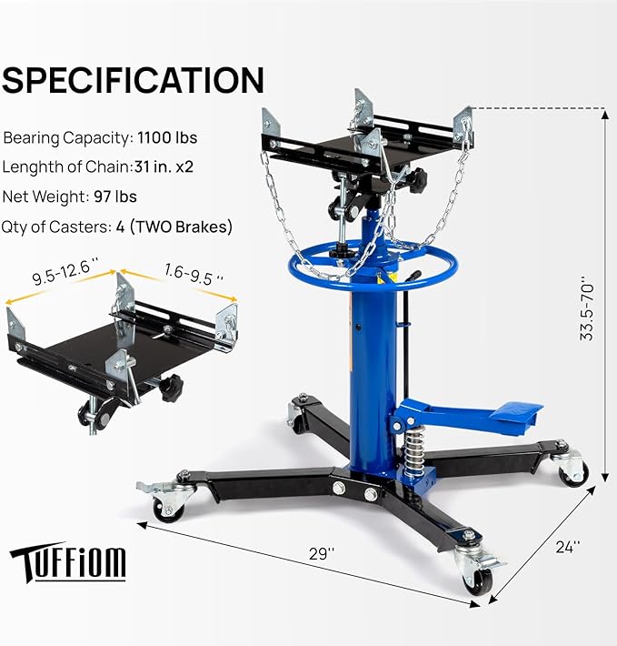 TUFFIOM Transmission Jack, 1100 lbs 1/2Ton Hydraulic 2-Stage High Lift Vertical