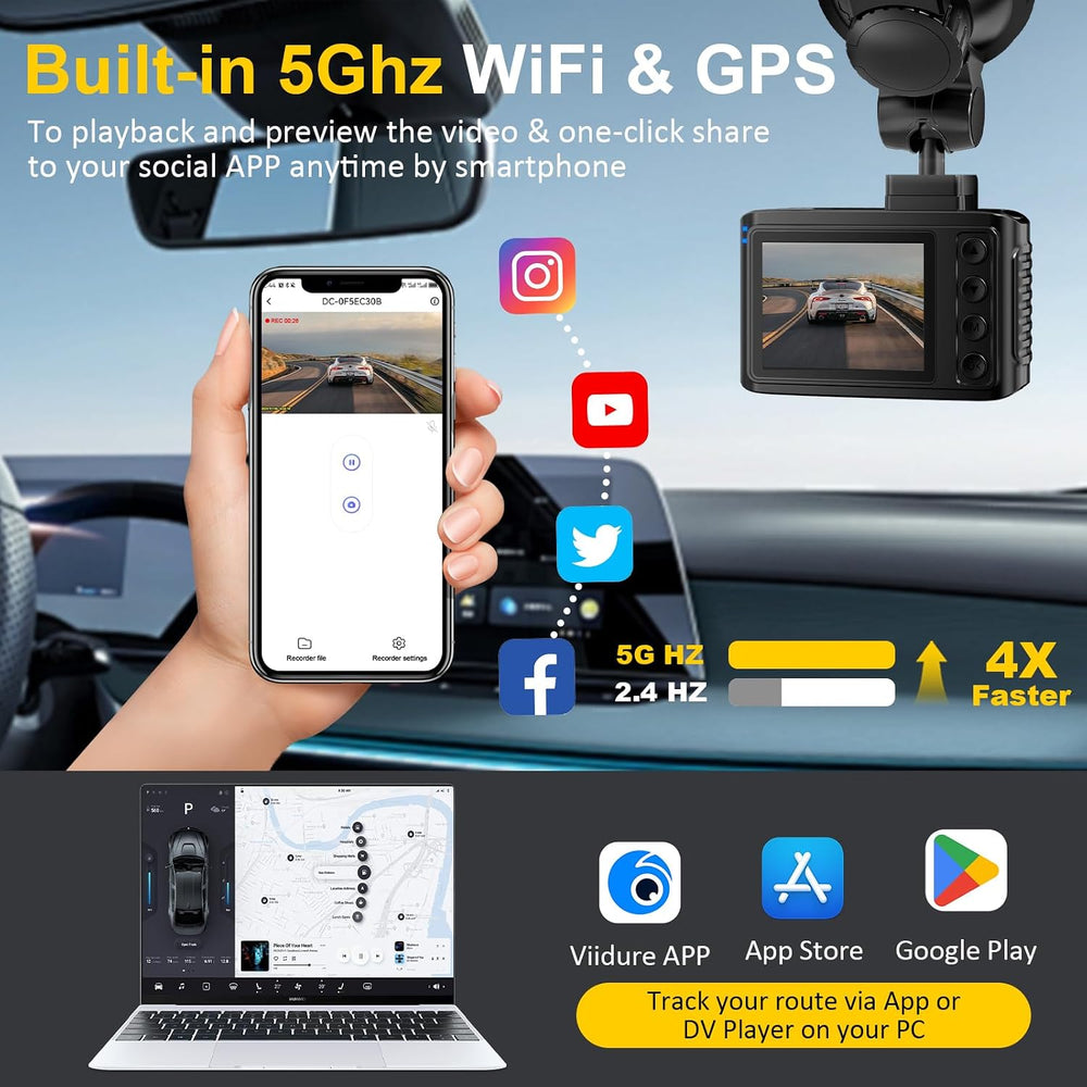 Dash Cam Front and Rear: 4K+2.5K Dual Channel Dash Cam-5GHz WiFi, GPS Dash Ca...