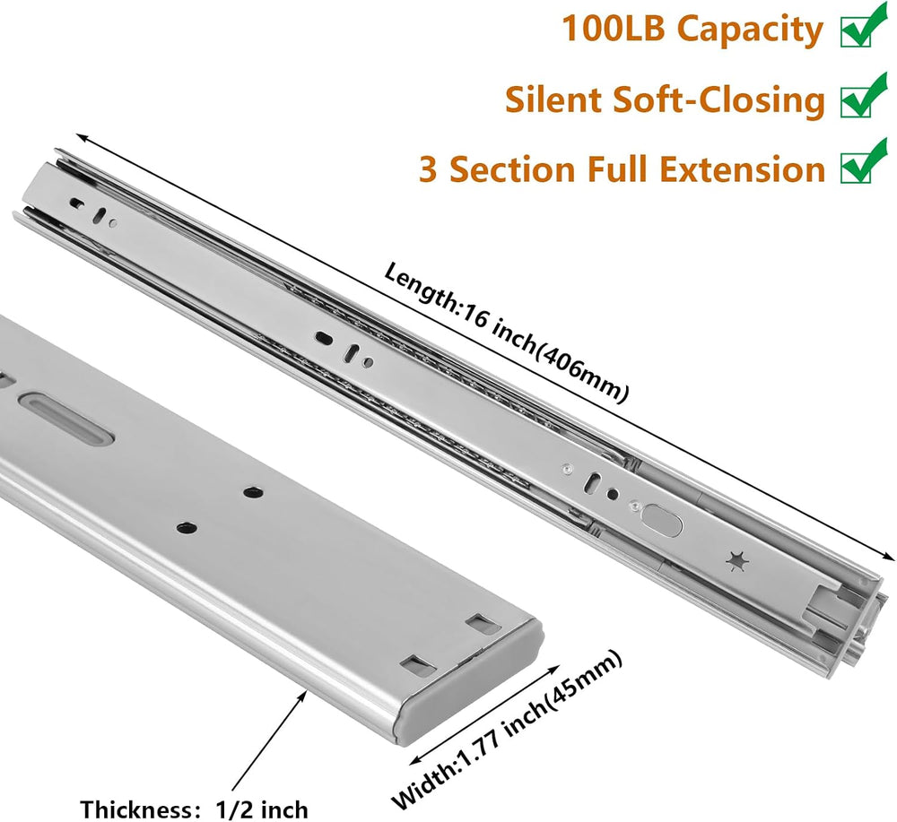 LONTAN 6 Pairs 16 Inch Soft Close Drawer Slides Heavy Duty 100lb Capacity