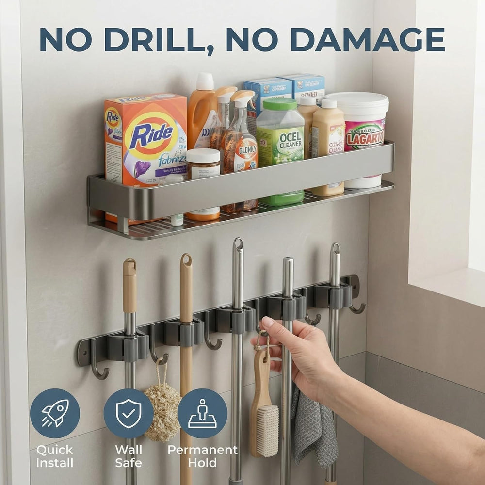 24 Inch Mop and Broom Holder Wall Mount, Broom Hanger Organizer with Hooks