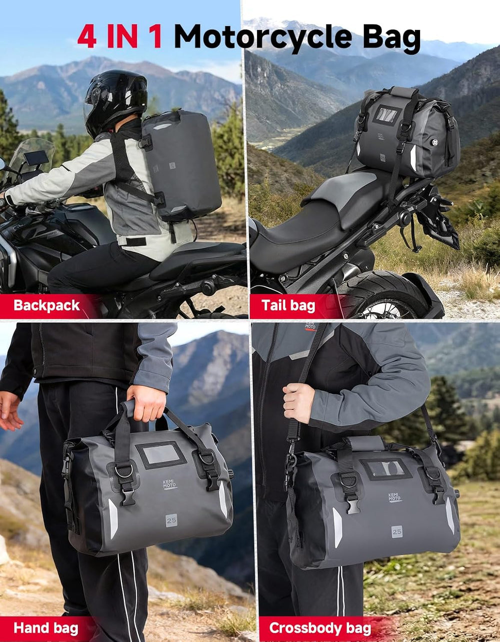 KEMIMOTO Waterproof Motorcycle Dry Bag – Duffle Tail Bag Soft Luggage, 25L/40...