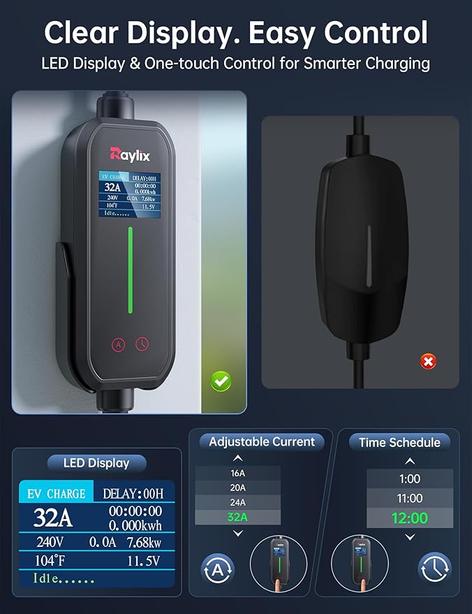 Raylix 32A Level 2 Fast Tesla Charger, 7.68KW Tesla Mobile/Home Charger