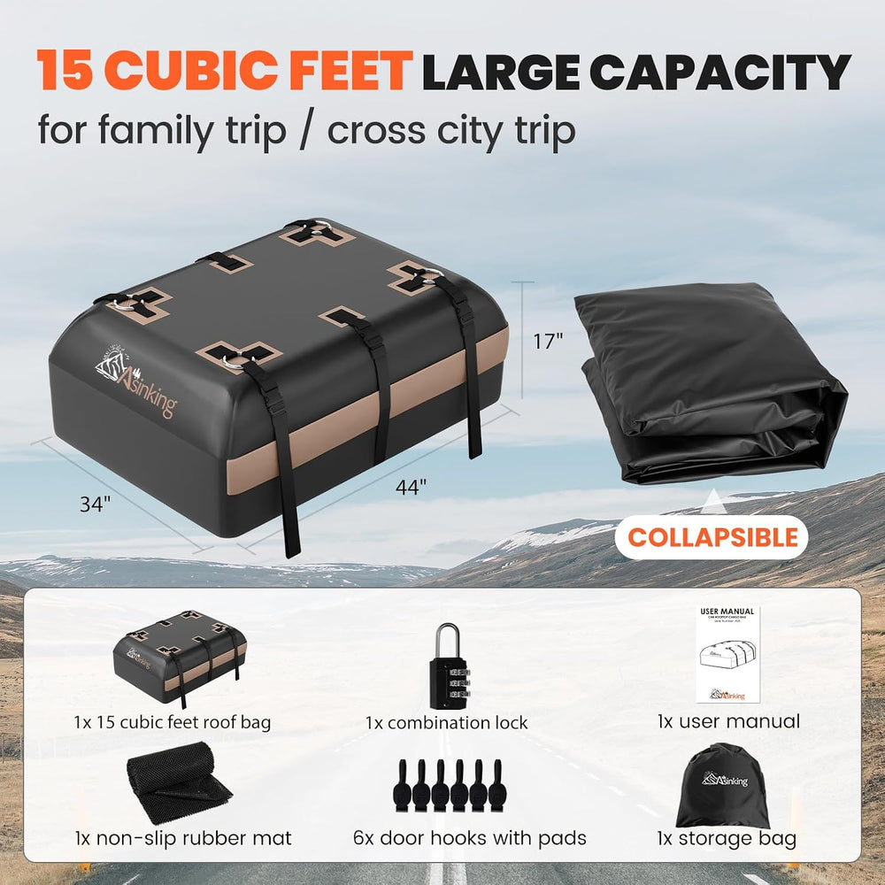 Asinking Car Rooftop Cargo Carrier Bag, 15 Cubic Feet Waterproof Roof Cargo B...