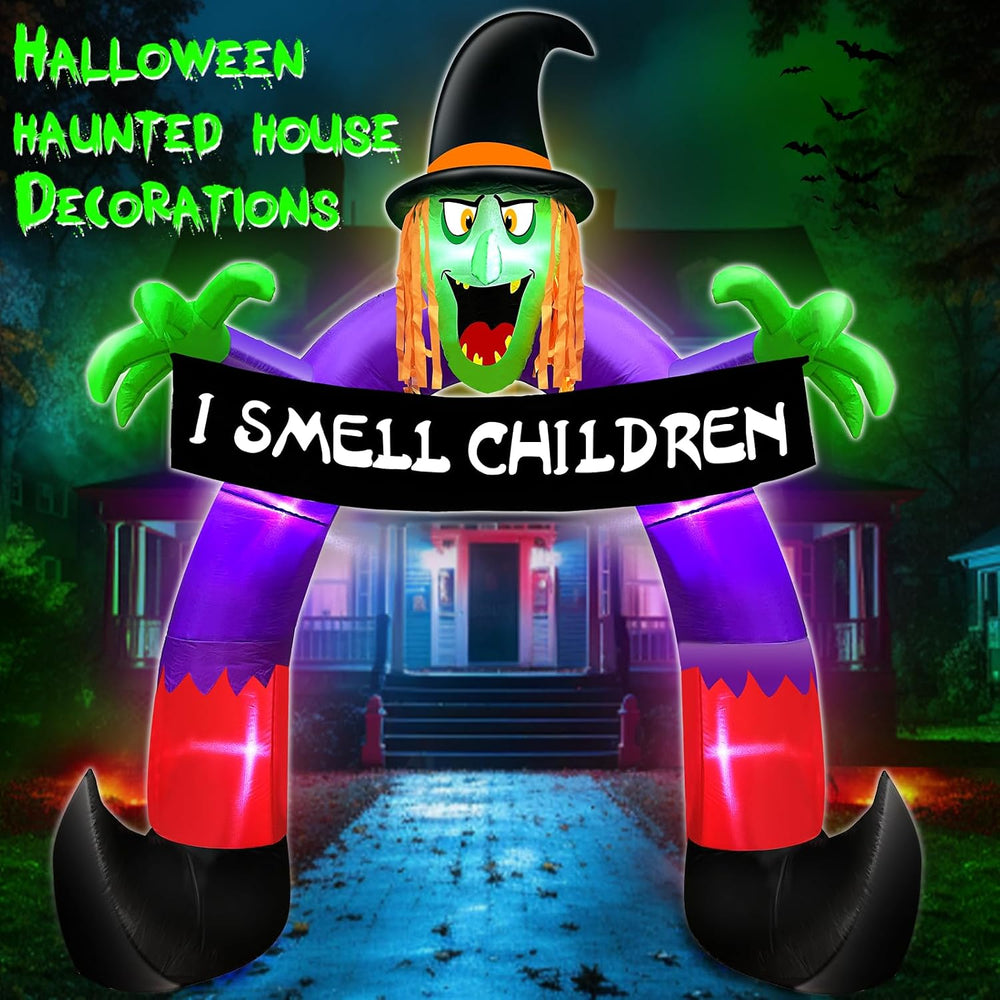 8Ft Halloween Inflatables Outdoor Decorations Witch Holds Banner Archway