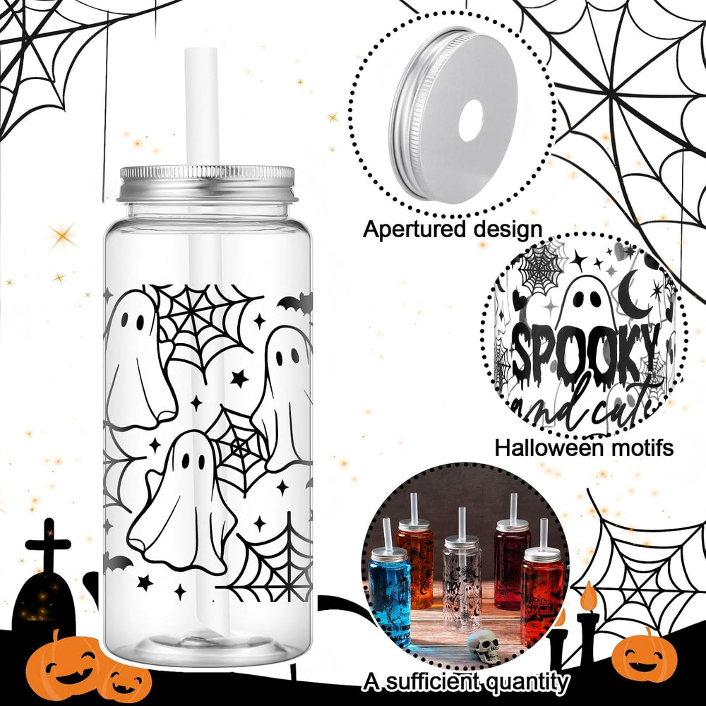 Meanplan 24 Pcs Halloween Ghost Plastic Cup with Lids and Straws Bulk 14 oz