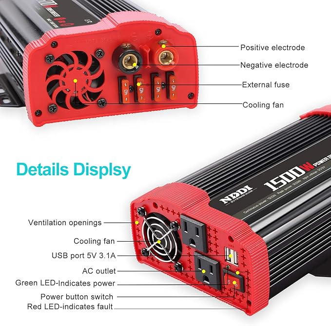 1500W Car Power Inverter 12V DC to 110V AC Car Converter Charger Adapter