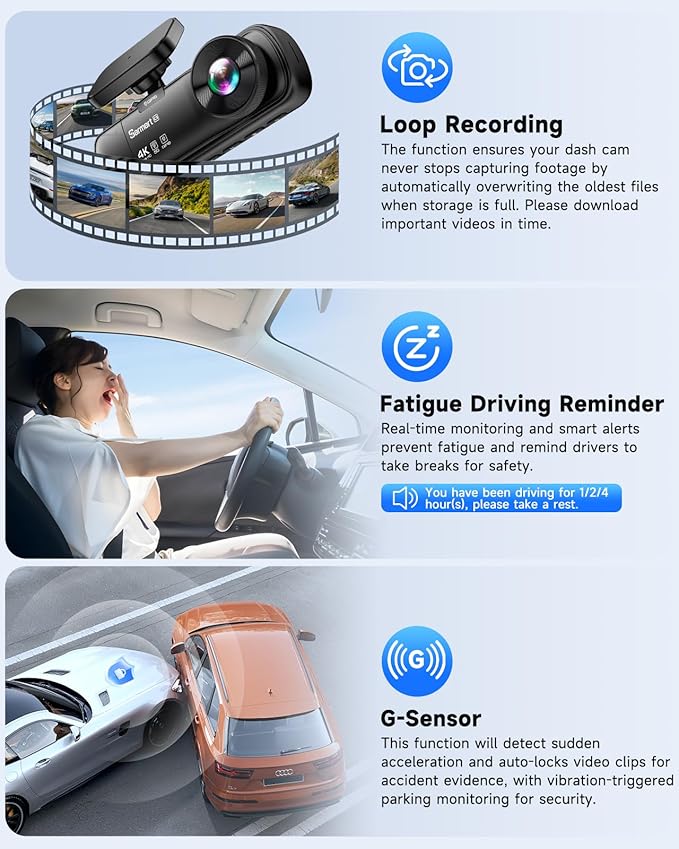 3 Channel Dash Cam, SARMERT 4K Dash Cam Front Inside and Rear