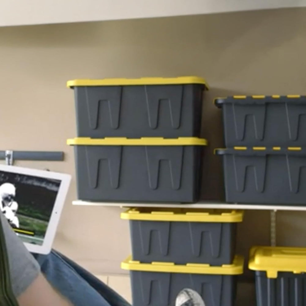 HOMZ Durabilt Plastic Storage Bins with Lids, 15 Gal, Black/Yellow, 2 Pack