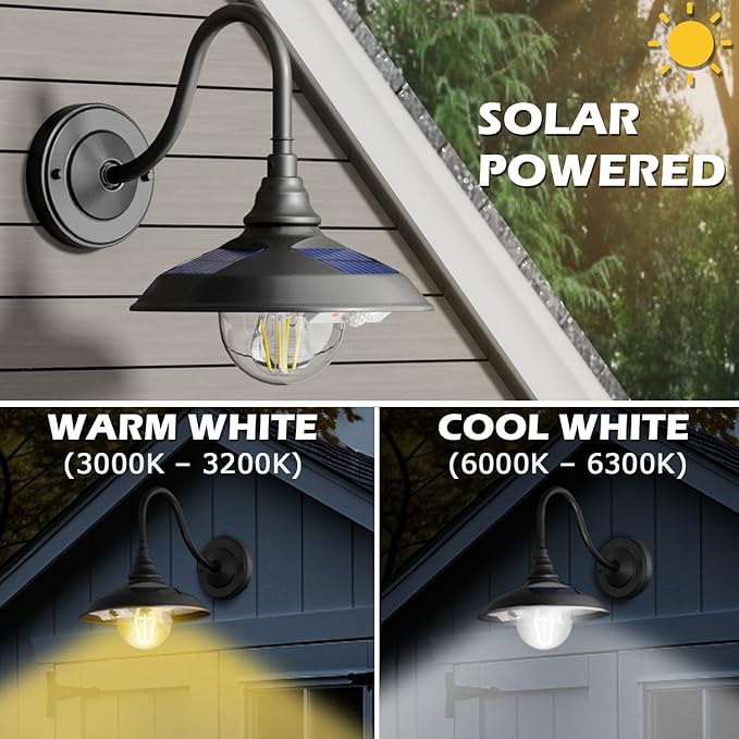 SIEDiNLAR Solar Barn Light Outdoor 3 Modes 2 Lighting, Aluminum Gooseneck Wall