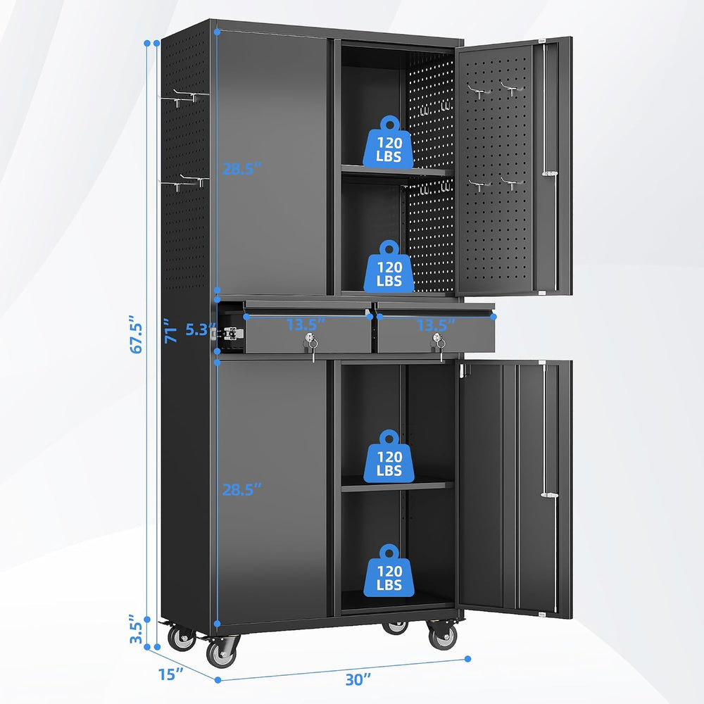 71-Inch Garage Storage Cabinet with 2 Drawers, Wheels and Pegboard