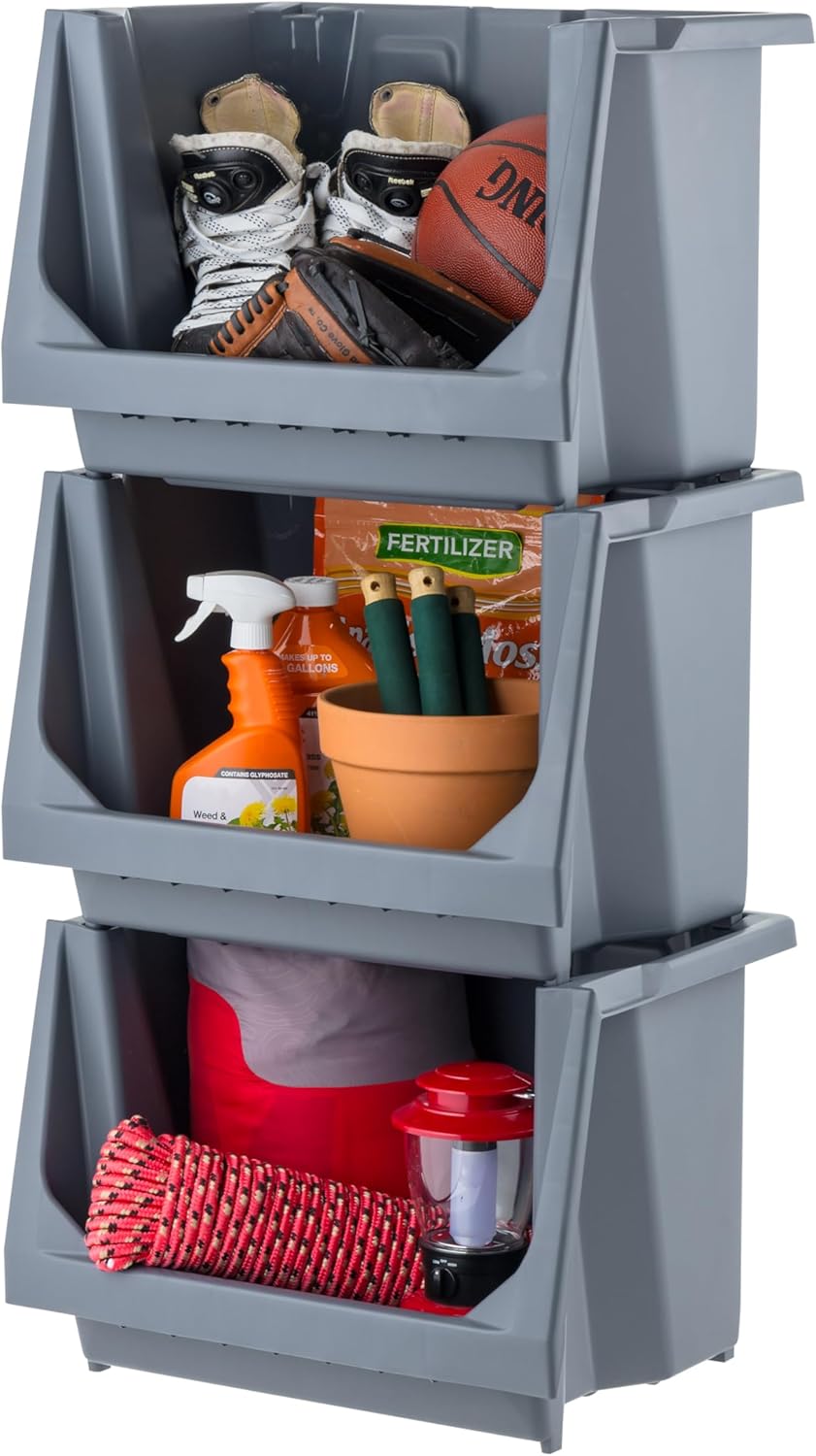 IRIS USA 3-Pack Large Open Front Storage Bins, Gray