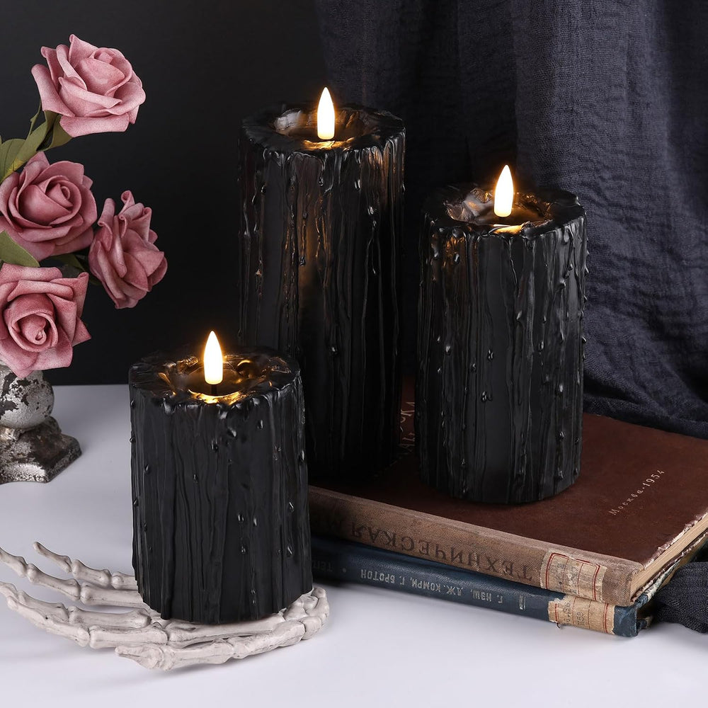 Eywamage Black Dripping Wax Halloween Flameless Pillar Candles with Remote