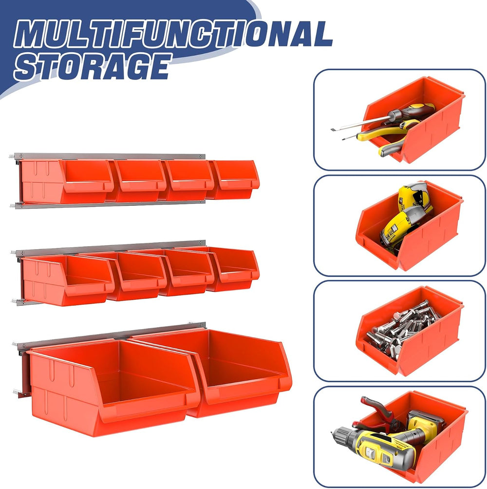 WALMANN Wall Mount Storage Bins for Small Parts, 10 Bins with 3 Metal Rails