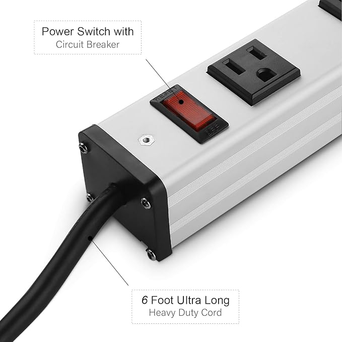 Long Heavy Duty Power Strip, 16 Outlet Large Metal Power Strip, Garage Workshop