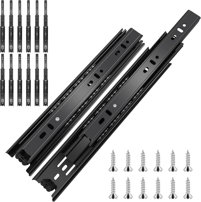 12 inch Ball Bearing Drawer Slides 6 Pairs (12pcs) - 100LB Capacity, Full Extension Side Mount Slides for Kitchen Cabinets, Wardrobes, Office Furniture (Black 12inch)
